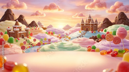 Whimsical candy landscape with gingerbread castles and colorful sweets under a vibrant sunset sky with fluffy clouds and sugary trees