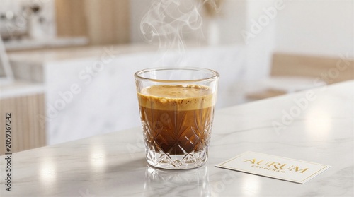 Steaming glass of aurum espresso on a marble countertop with a blurred background and a business card next to it in a modern setting indoors