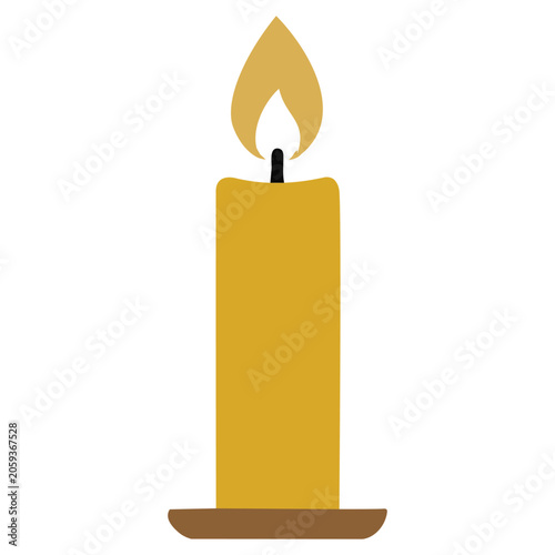 Vector illustration of a single burning yellow candle on a brown plate, flame lit.