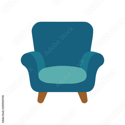 Vector illustration of a blue armchair with wooden legs and contrasting seat cushion, isolated on white
