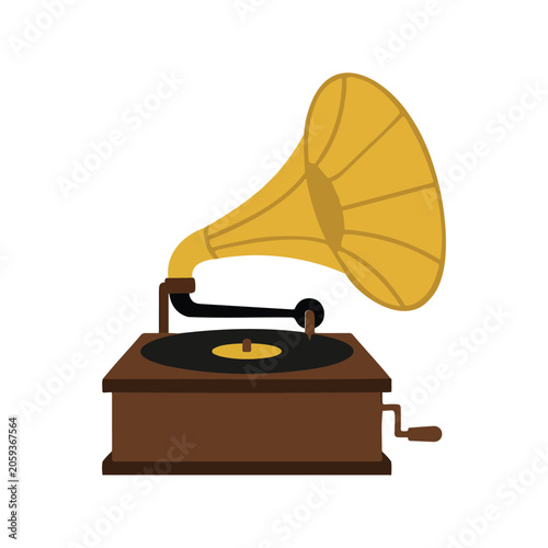 Vintage gramophone on a white background, a classic music player from the early 20th century.