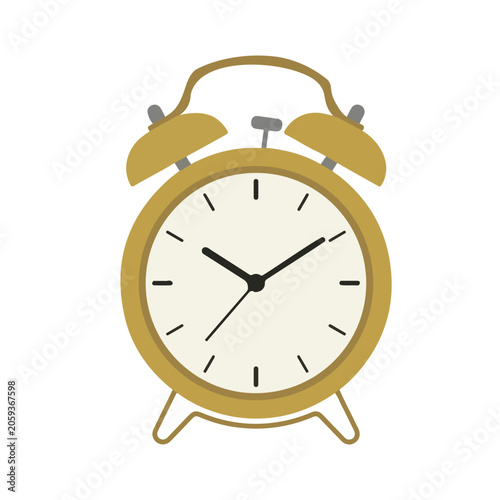 Vector illustration of a gold vintage alarm clock at 10:10, symbolizing morning wake-up time.