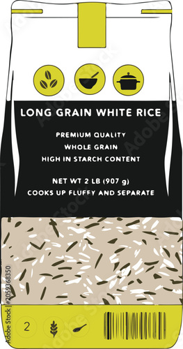 Long Grain White Rice Packaging Vector Design Isolated Food Product Bag Illustration