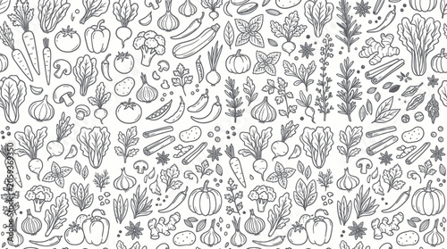 Seamless pattern of hand drawn vegetables and healthy herbs
