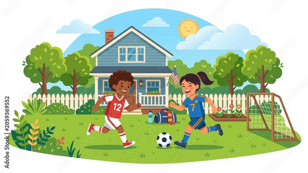 Naklejka premium Happy Children Playing Soccer in the Backyard of a Suburban House Vector Illustration