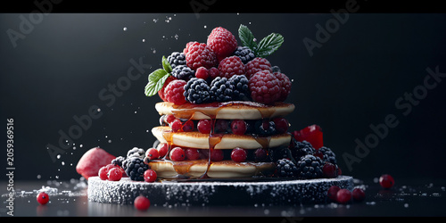 Stack of Pancakes with Fresh Berries and Powdered Sugar on Dark Background
