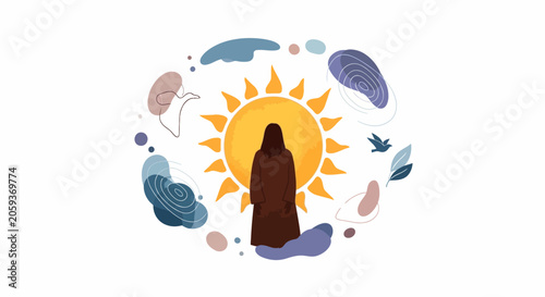 Abstract person silhouette with sun and nature elements illustration.