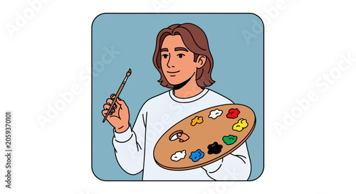 Artist holding paint palette and brush illustration.