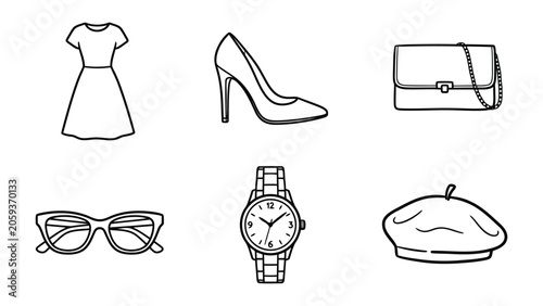 Schilderij op canvas Fashion icons including dress, high heel, purse, glasses, watch, and hat