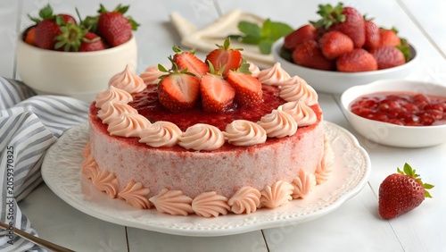 Sweet strawberry dessert piece with fluffy cream filling and juicy fresh strawberries isolated background