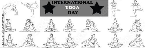 International yoga day collection diverse poses and silhouettes for wellness and fitness graphics