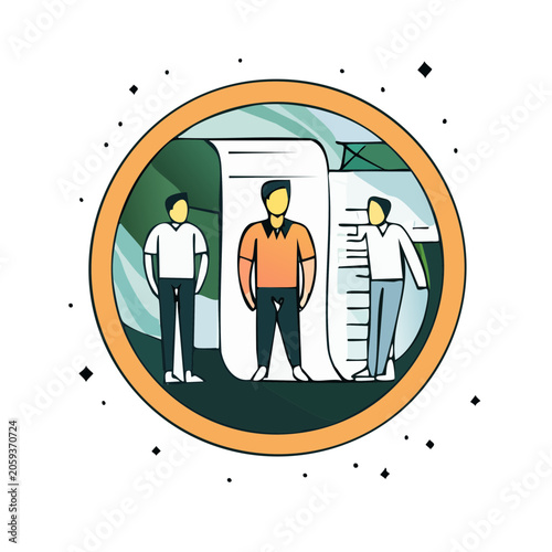 Flat illustration of people measuring height on a chart