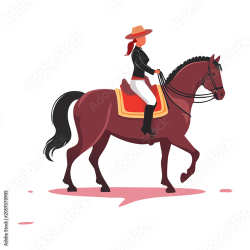 Woman in cowboy hat riding a brown horse illustration