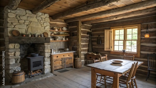 Cozy rustic kitchen interior inside a log cabin house built into the side of a forested mountain with warm natural lighting