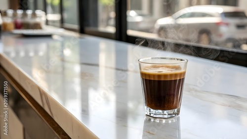 Detailed closeup of steaming coffee in clear glass mug sitting on wooden table with cozy morning atmosphere