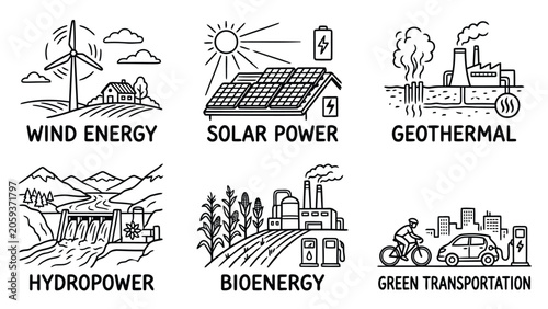 Fotografía Renewable energy sources icons including wind solar geothermal hydropower bioene