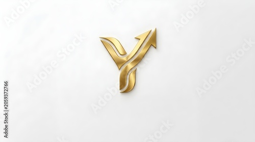 Modern golden Y logo with upward arrow integrated into sleek 3D metallic strokes, dynamic growth symbol ideal for investment firms, marketing agencies, tech startups, analytics platforms, financial ad