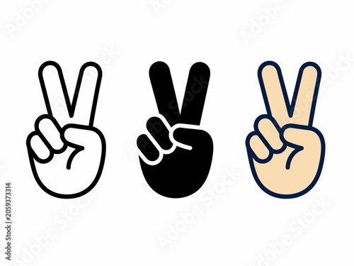Set of peace hand sign icons in monochrome and color variations