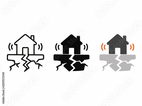 Earthquake icon set illustrating shaking house on cracked ground
