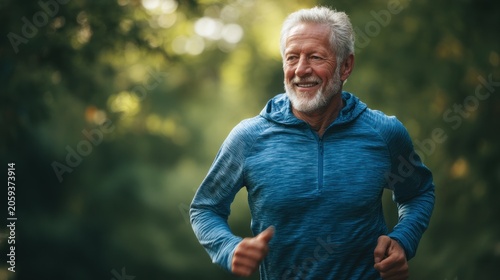 Smiling man jogging in park with copy space