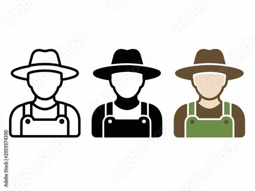 Farmer icon variations with hat and overalls in black, white, and color
