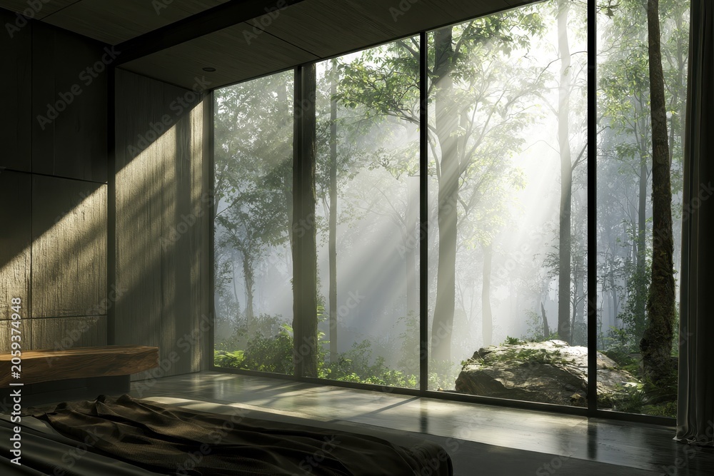 Fototapeta premium Modern minimalist interior with floor-to-ceiling windows overlooking misty forest sun rays for luxury real estate and architectural marketing