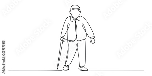 Tableau sur toile Continuous line drawing of an old man with a walking cane