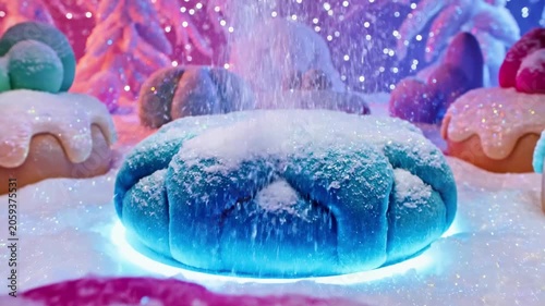 A person's hand reaching for a vibrant, pink, sugary treat with other colorful sweets