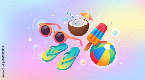 Vibrant summer items on colorful background with sunglasses and flip flops