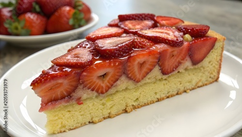 Close up of homemade strawberry sponge cake slice with whipped cream layers and fresh berry decoration