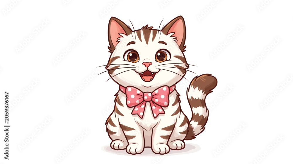 Fototapeta premium Cute Cartoon Kitten with Pink Bow Tie Illustration Isolated on White Background 
