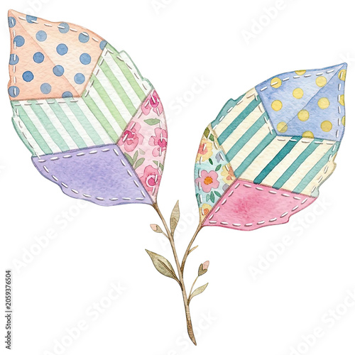 Two whimsical fabric leaves, crafted from a patchwork of charming floral and polka dot prints with stitched details, sprout from a delicate twig, symbolizing natural beauty and creative artistry.