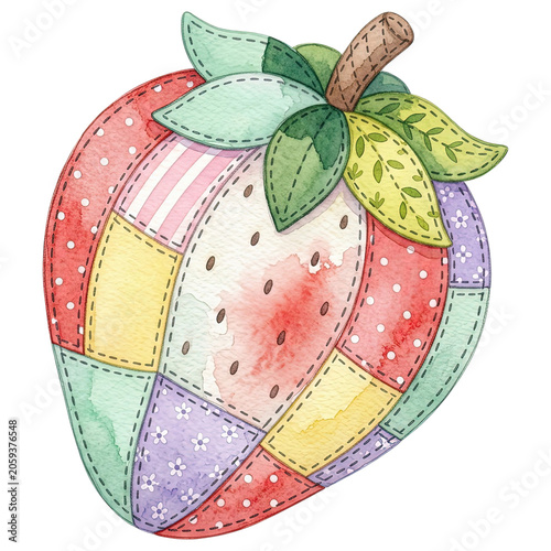 A charming strawberry crafted from a vibrant patchwork quilt, adorned with intricate stitching and delicate leaf accents, evokes a sense of whimsical delight and homemade craft.