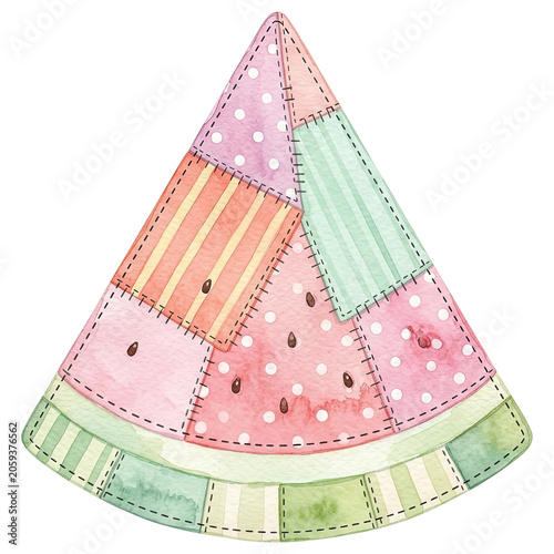 A whimsical watercolor illustration of a watermelon slice adorned with colorful patchwork quilt patterns, featuring soft pastel hues and a playful stitched effect.