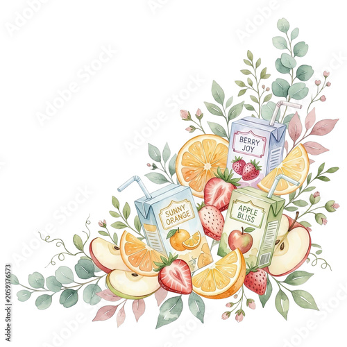 A delightful corner arrangement of fruit juice cartons, featuring sunny orange, berry joy, and apple bliss, is complemented by fresh slices of oranges, apples, and strawberries.