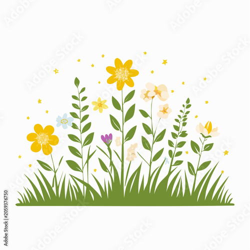 Illustration of a Field of Wildflowers with Yellow Stars