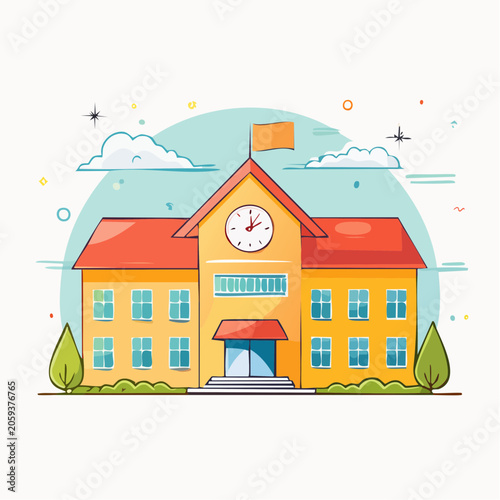 Illustration of a School Building with a Clock Tower