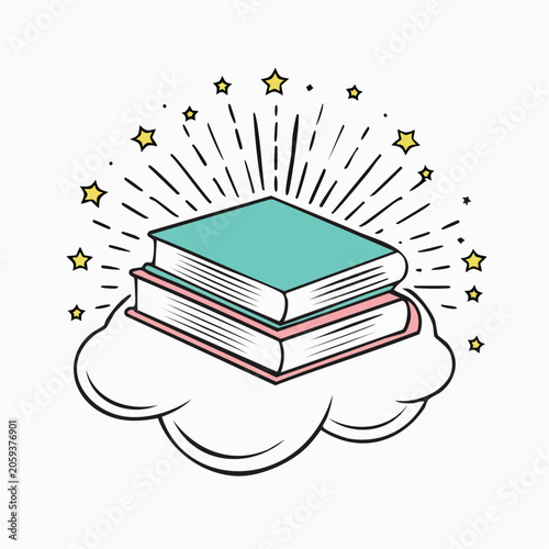 Stack of Books on a Cloud with Stars