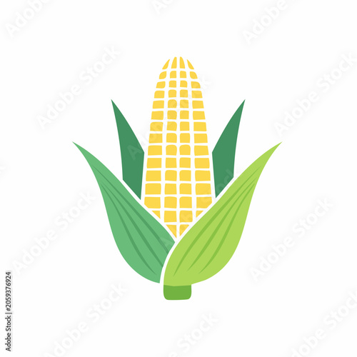 Stylized illustration of a ripe ear of corn with green leaves