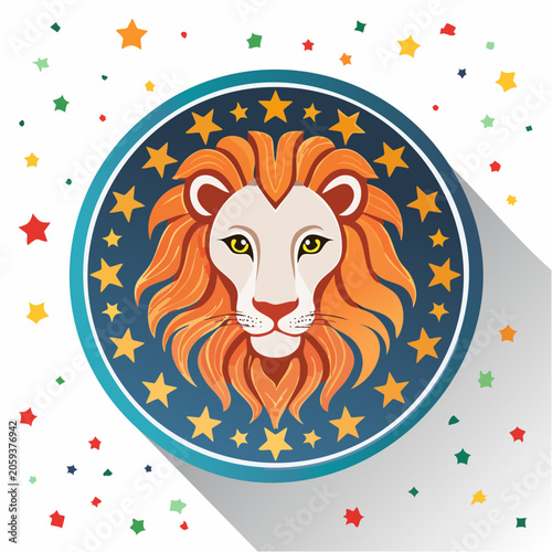Stylized Lion Head with Stars and Confetti