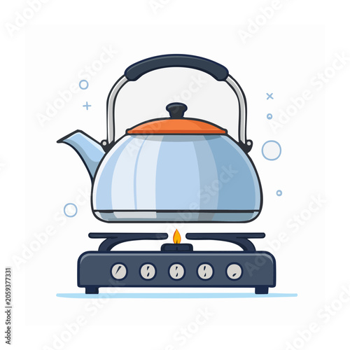 Blue kettle boiling on gas stove illustration