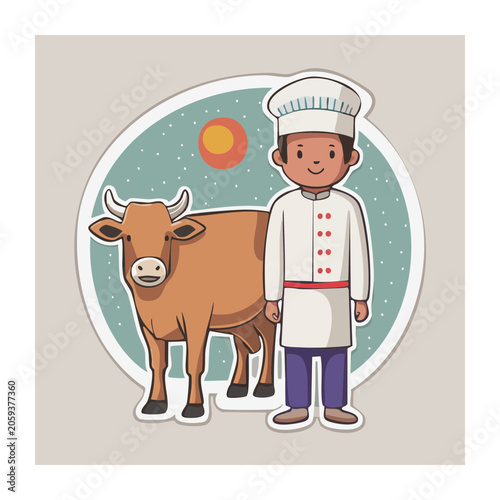 Chef and Cow in Flat Design Illustration