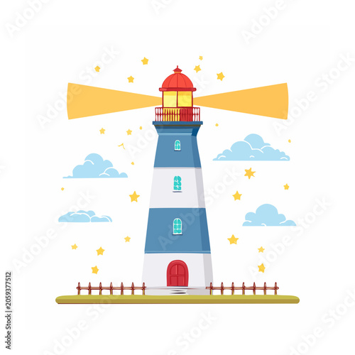 Flat design illustration of a lighthouse with light beams