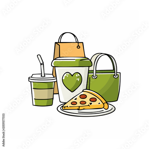 Flat design illustration of shopping bags, coffee, and pizza
