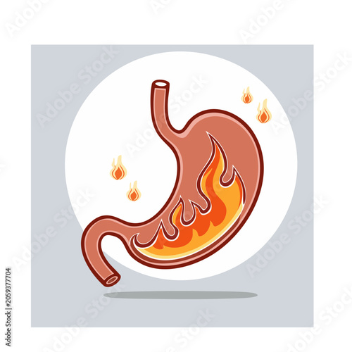 Stomach with flames flat illustration