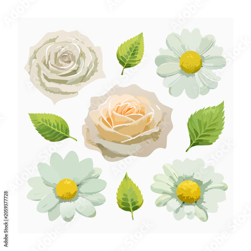 Watercolor illustration of roses, daisies, and leaves