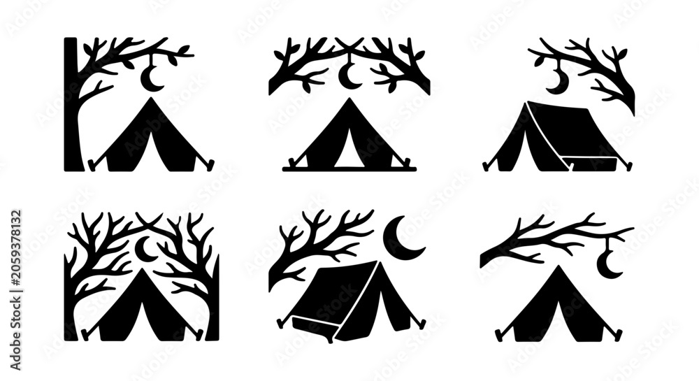 Fototapeta premium Camping Tent Icons, Night Sky Moon & Trees, Outdoor Adventure SVG Set