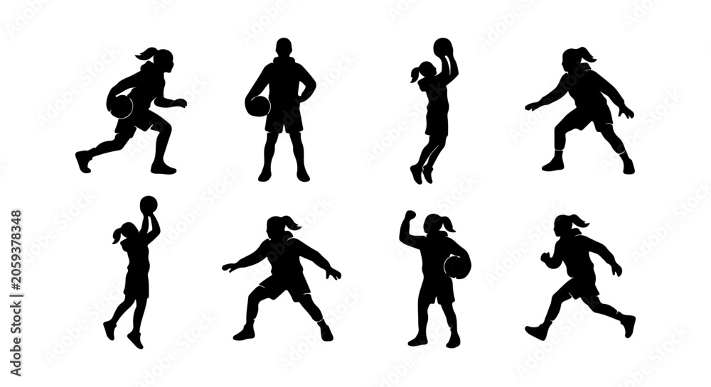 Obraz premium Basketball Player Silhouettes, Female Athletes in Action Poses, Dynamic Sports Graphics, Vector Set