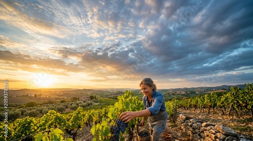 Smiling senior female farmer harvesting ripe purple grapes in sunlit vineyard, organic agriculture and winemaking concept
