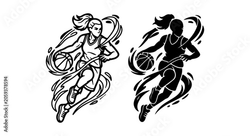 Dynamic Female Basketball Player Dribbling, Athletic Woman Sport Vector Art, Action Silhouette